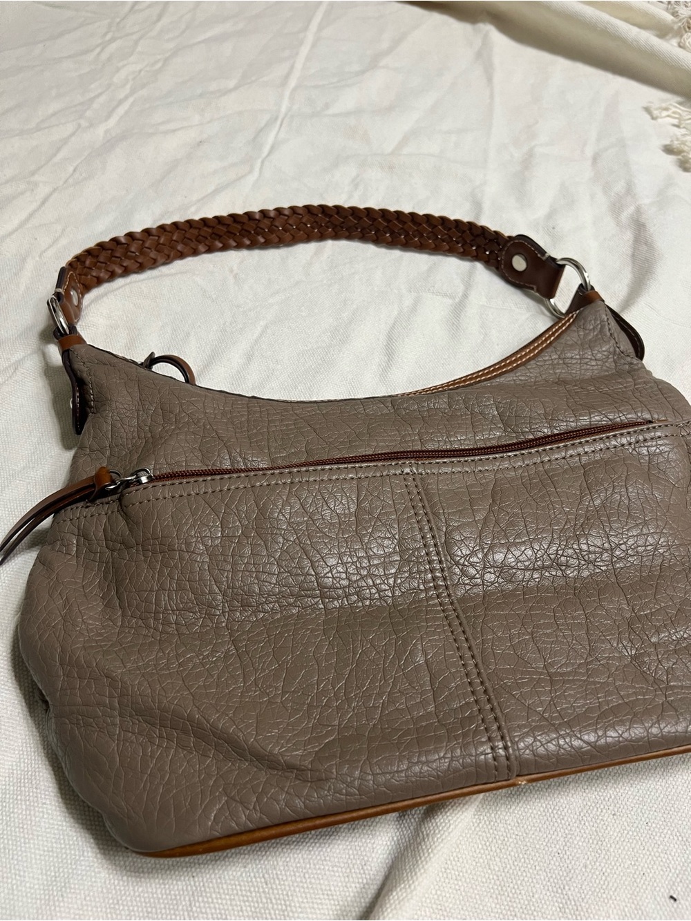 Taupe Leather-Textured Shoulder Bag with Braided Handle - Picture 2 of 7